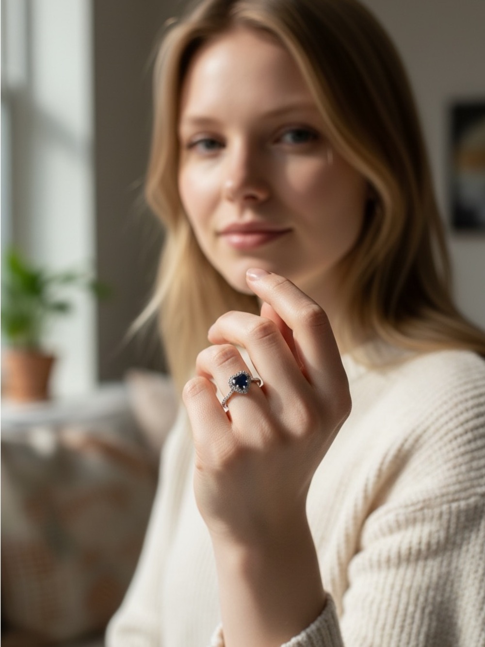 White Gold 14k Ring with Real Blue Heart Shape Sapphire size 7